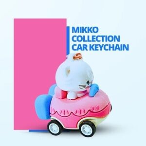 NEW kawaii cute white cat riding pink car Miniso keychain